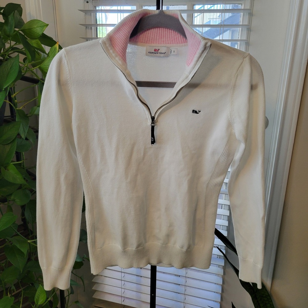 Vineyard Vines Womens White Pink Quarter Zip Pullover Sweater Small Whale Logo